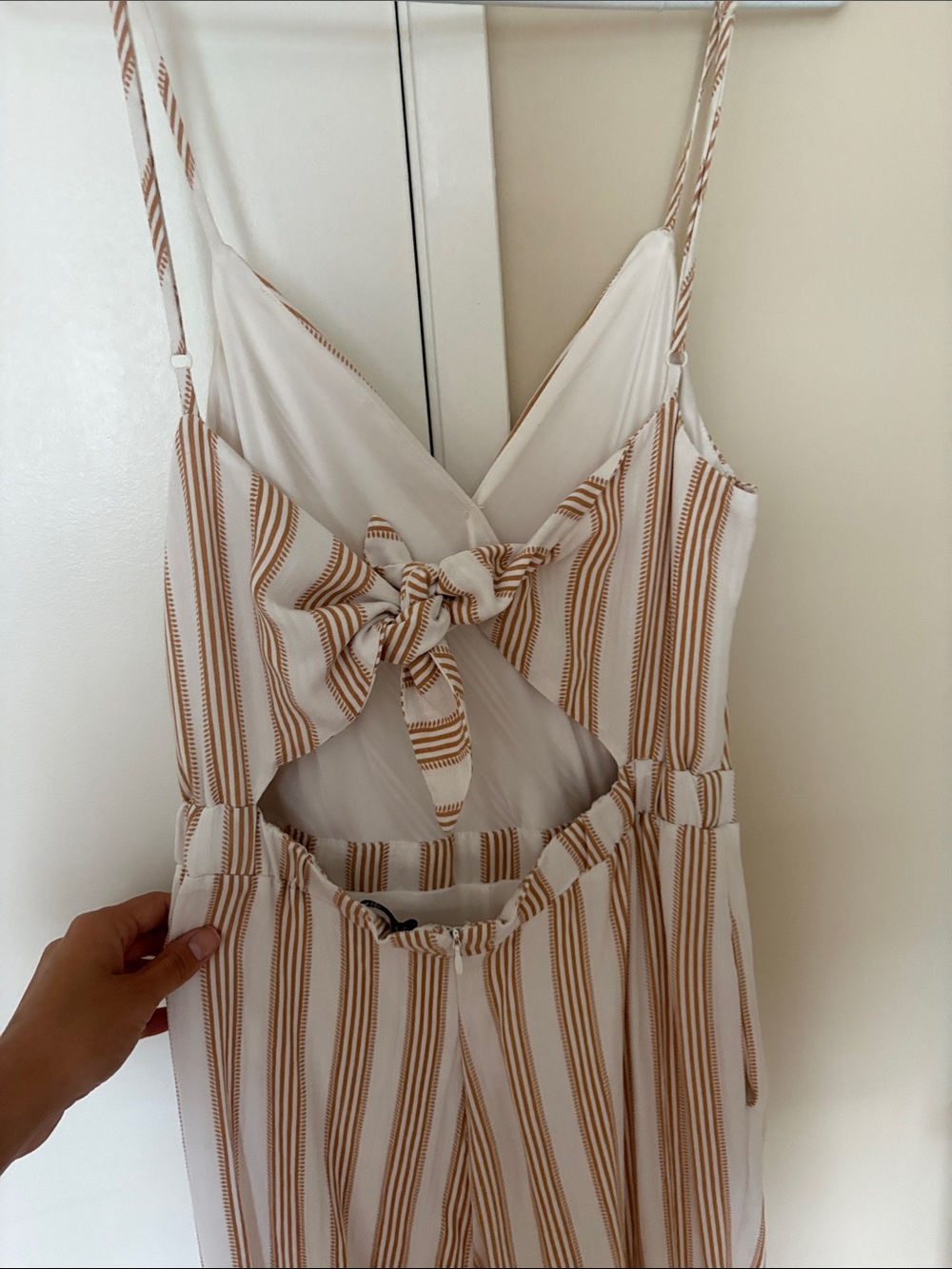 Dex Striped Spaghetti Strap Jumpsuit in White and Tan - Picture 7 of 7